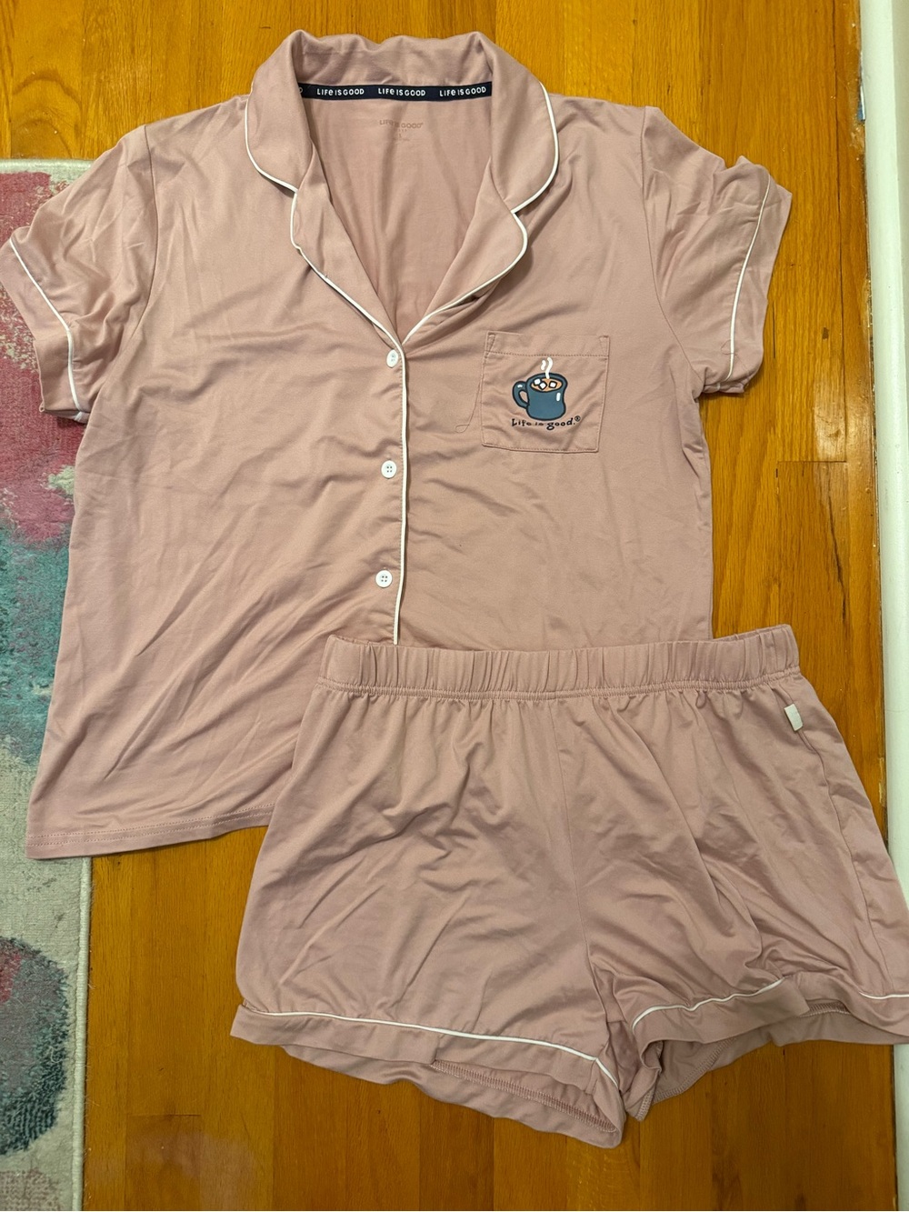 Life Is Good Dusty Pink Short-Sleeve Pajama Set with Mug Pocket